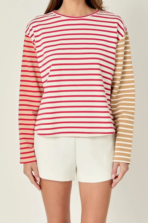 ENGLISH FACTORY Tops*- Stripe Color Block Sweatshirt REDMULTI
