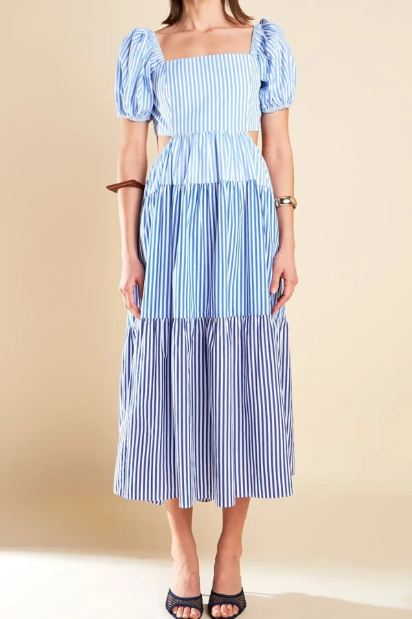 ENGLISH FACTORY Tops*- Stripe Color Block Midi Dress BLUE