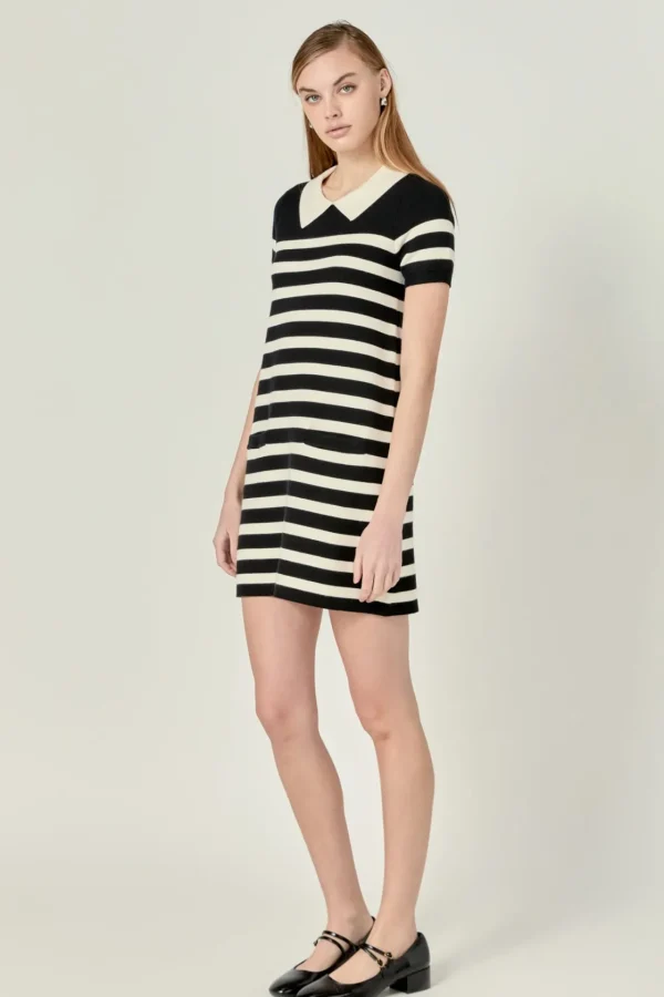 ENGLISH FACTORY Tops*- Stripe Collar Mini Dress BLACK/WHITE