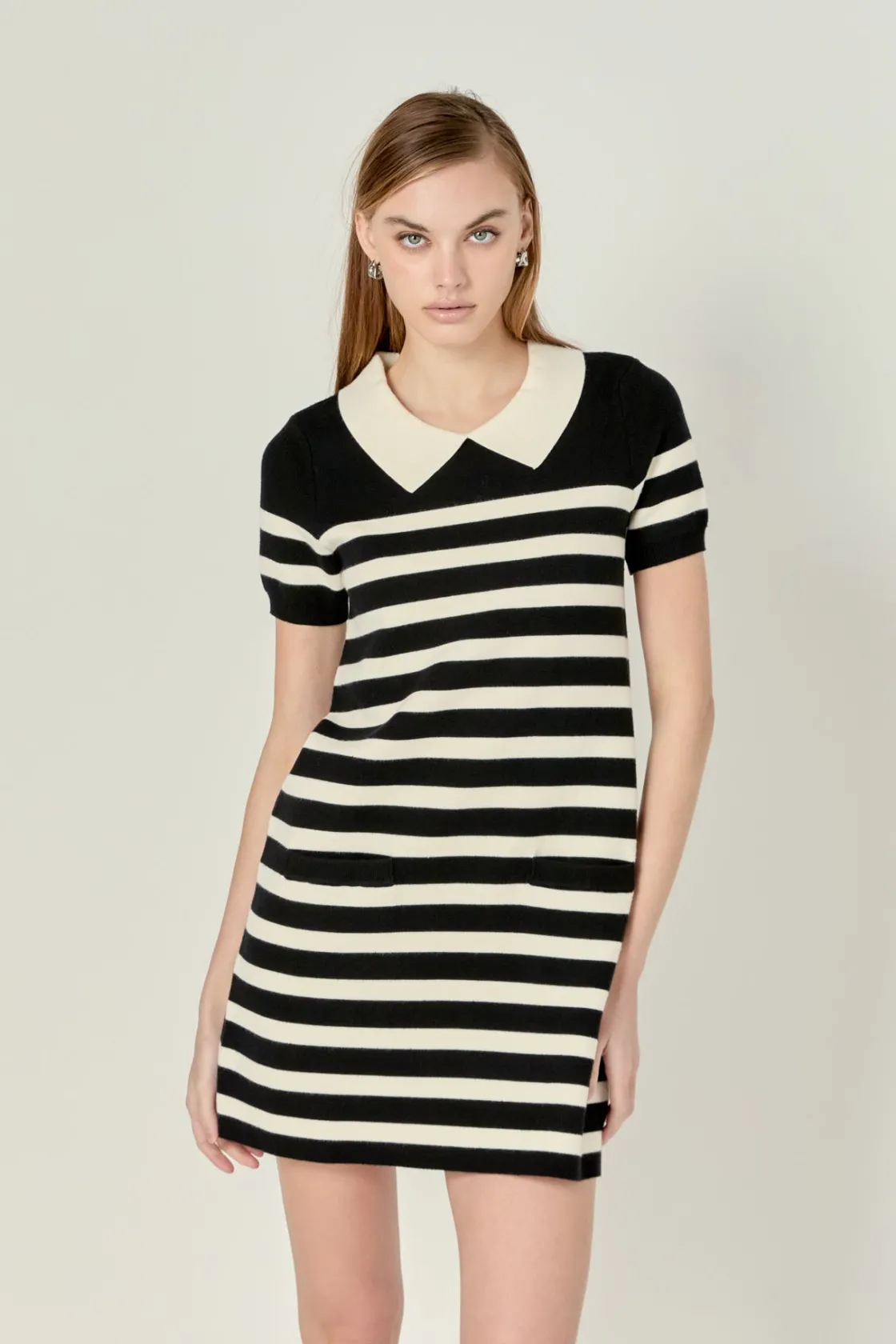 english_factory__stripe_c_3.webp ENGLISH FACTORY Tops*- Stripe Collar Mini Dress BLACK/WHITE