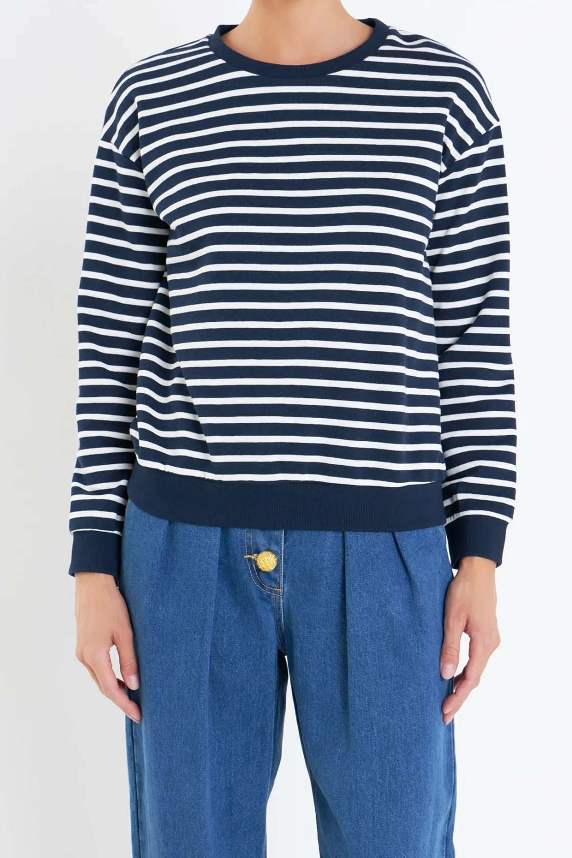 english_factory__stripe_d_0.webp ENGLISH FACTORY Tops*- Stripe Drop Shoulder Sweatshirt NAVY/WHITE