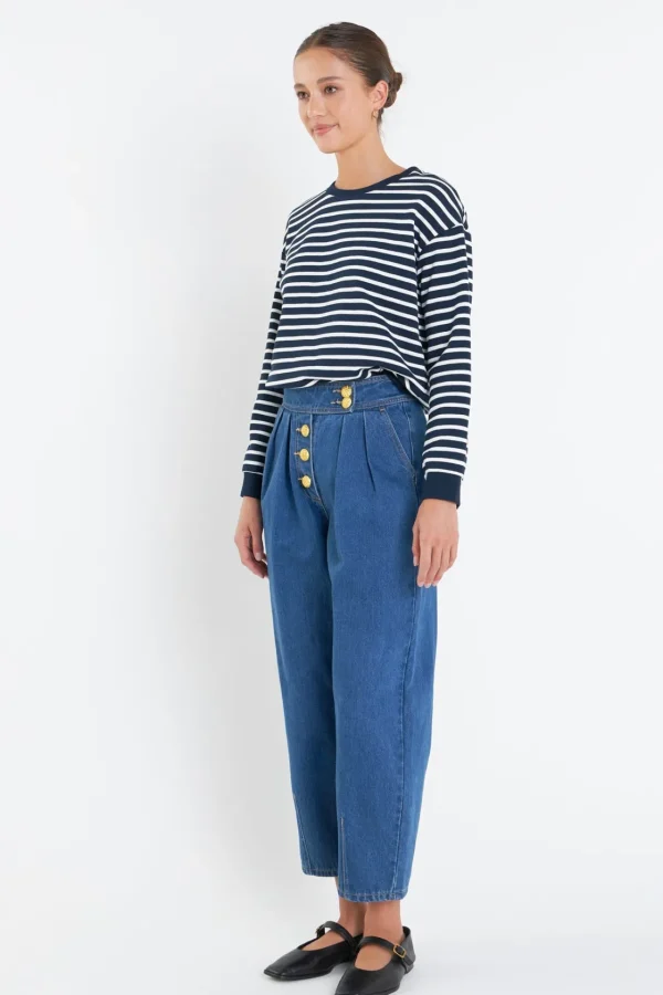 ENGLISH FACTORY Tops*- Stripe Drop Shoulder Sweatshirt NAVY/WHITE