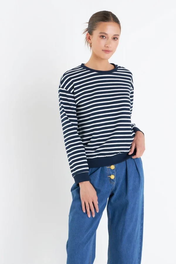 ENGLISH FACTORY Tops*- Stripe Drop Shoulder Sweatshirt NAVY/WHITE