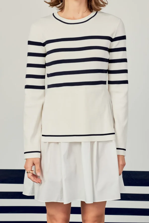 ENGLISH FACTORY Tops*- Stripe Mix Media Dress IVORY