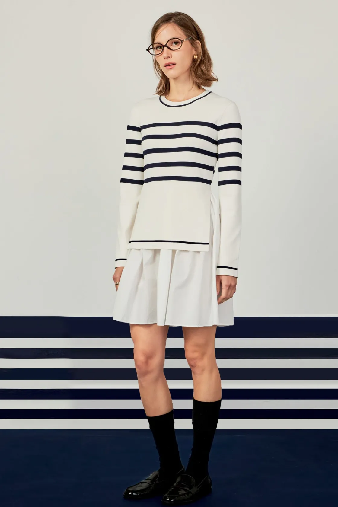 english_factory__stripe_m_1-2.webp ENGLISH FACTORY Tops*- Stripe Mix Media Dress IVORY