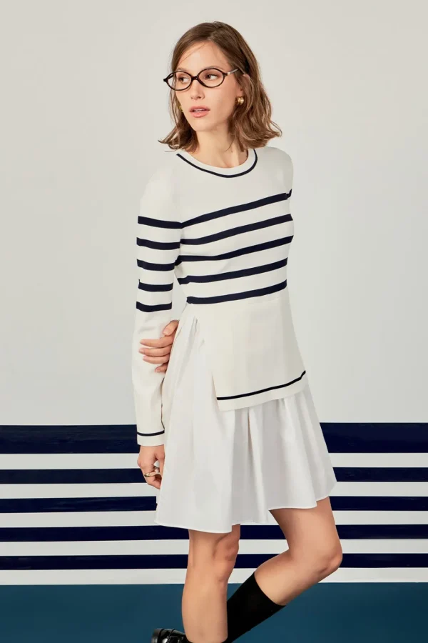 ENGLISH FACTORY Tops*- Stripe Mix Media Dress IVORY