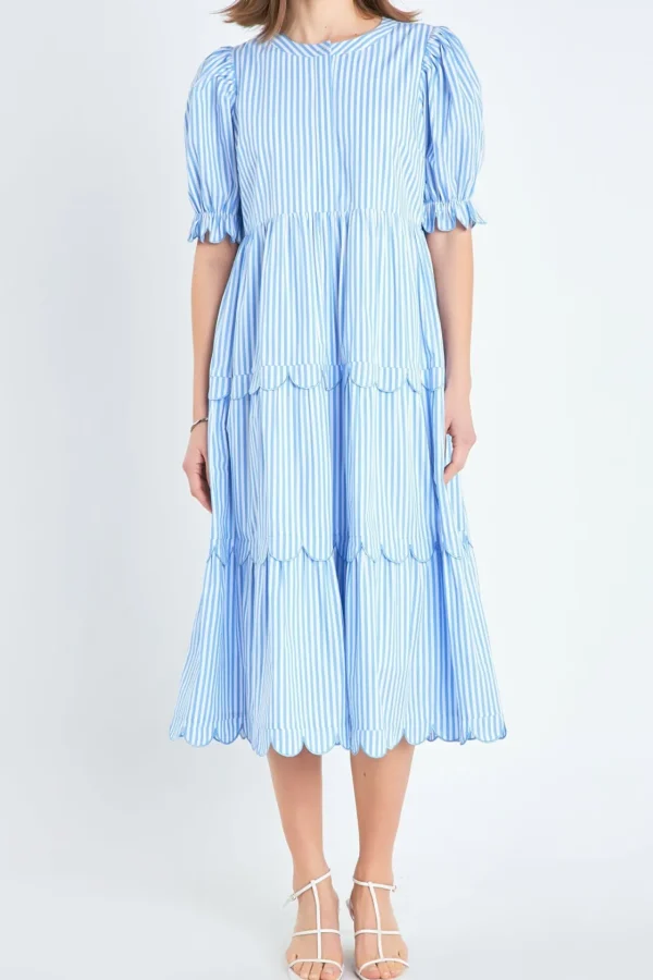 ENGLISH FACTORY Tops*- Stripe Scallop Edge Midi Dress BLUESTRIPE