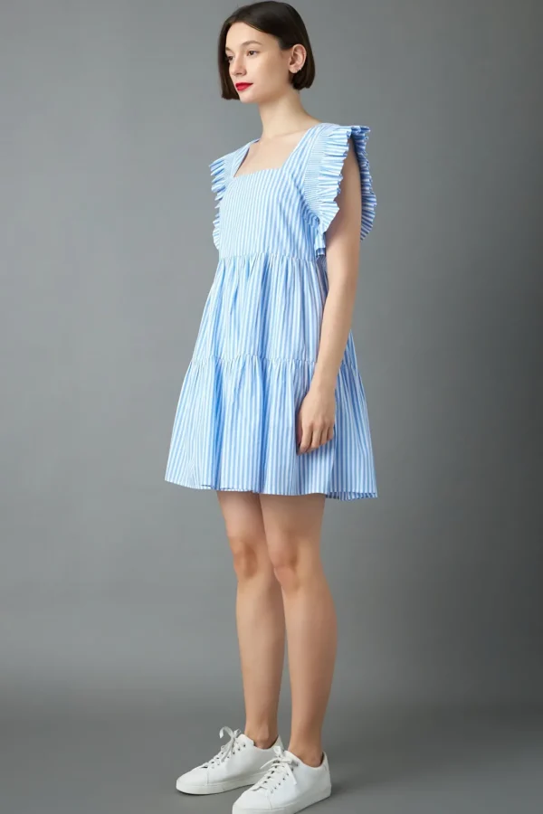 ENGLISH FACTORY Tops*- Stripe Square Neckline Mini Dress BLUESTRIPE