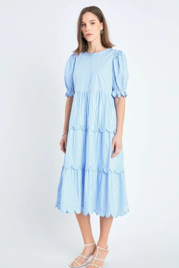 ENGLISH FACTORY Tops*- Stripe Scallop Edge Midi Dress BLUESTRIPE