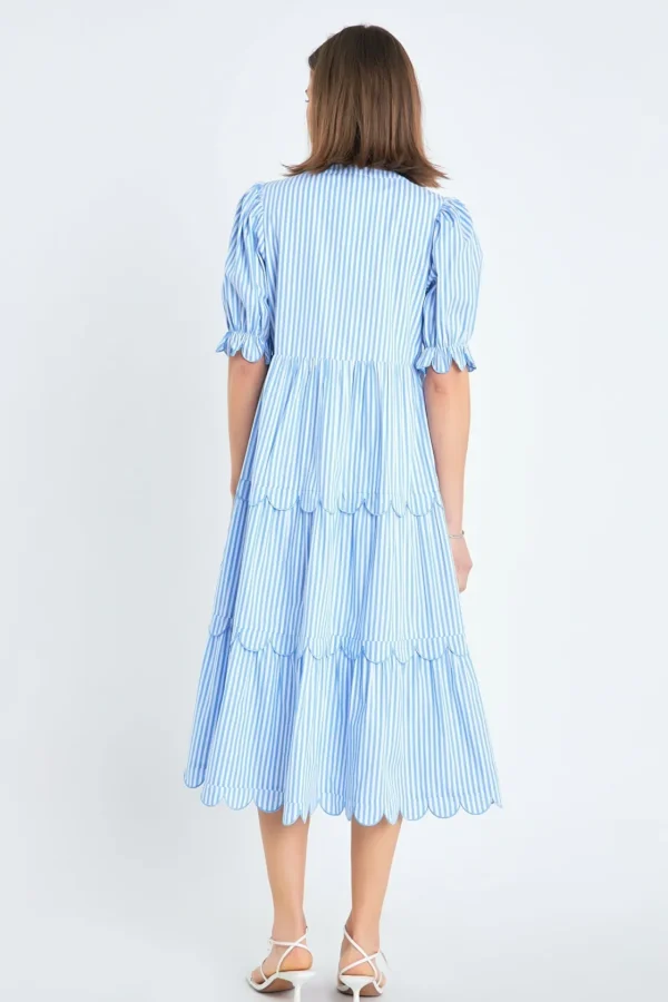 ENGLISH FACTORY Tops*- Stripe Scallop Edge Midi Dress BLUESTRIPE