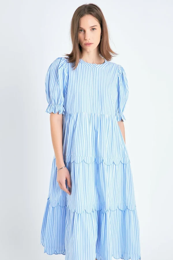 ENGLISH FACTORY Tops*- Stripe Scallop Edge Midi Dress BLUESTRIPE