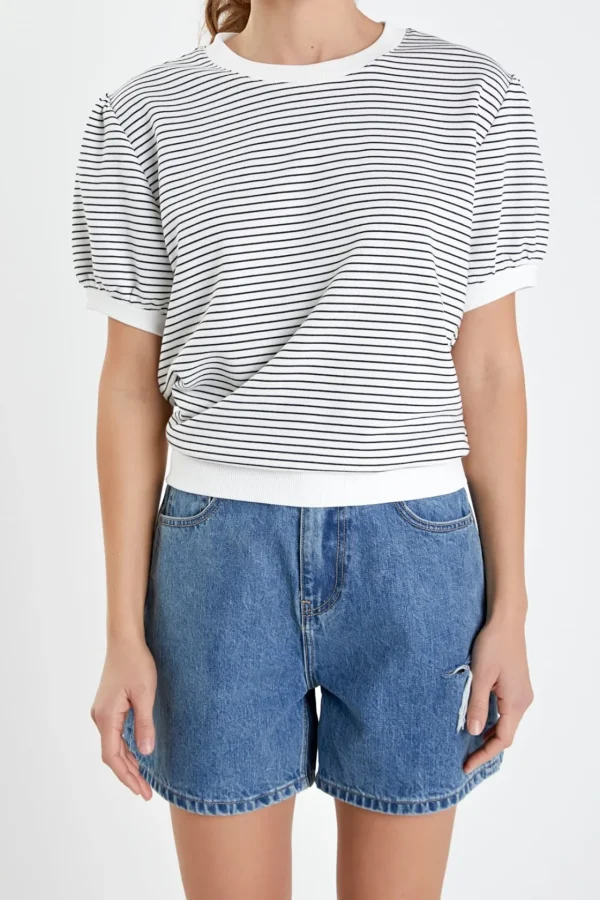 ENGLISH FACTORY Tops*- Stripe Terry Puff Sleeve Sweatshirt