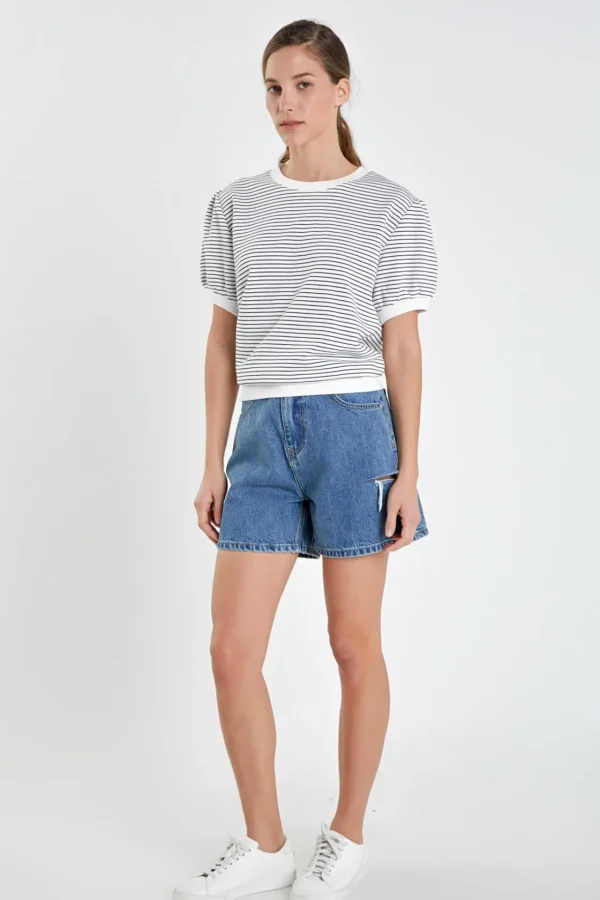 ENGLISH FACTORY Tops*- Stripe Terry Puff Sleeve Sweatshirt