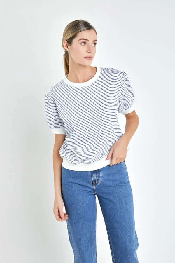ENGLISH FACTORY Tops*- Stripe Terry Puff Sleeve Sweatshirt