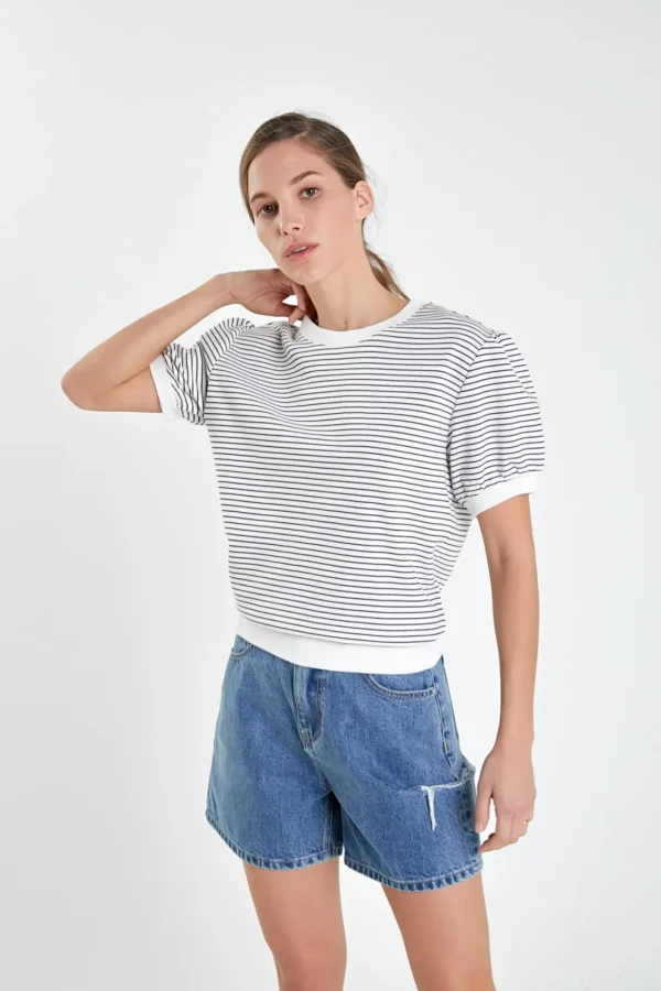 ENGLISH FACTORY Tops*- Stripe Terry Puff Sleeve Sweatshirt