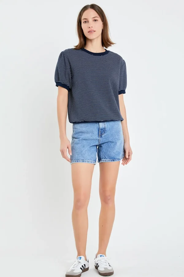 ENGLISH FACTORY Tops*- Stripe Terry Puff Sleeve Sweatshirt