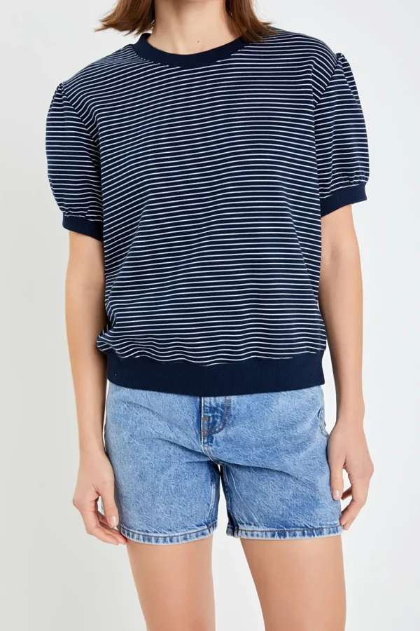 ENGLISH FACTORY Tops*- Stripe Terry Puff Sleeve Sweatshirt