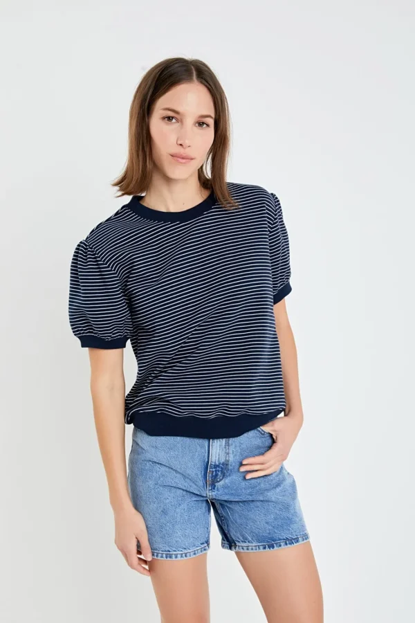 ENGLISH FACTORY Tops*- Stripe Terry Puff Sleeve Sweatshirt
