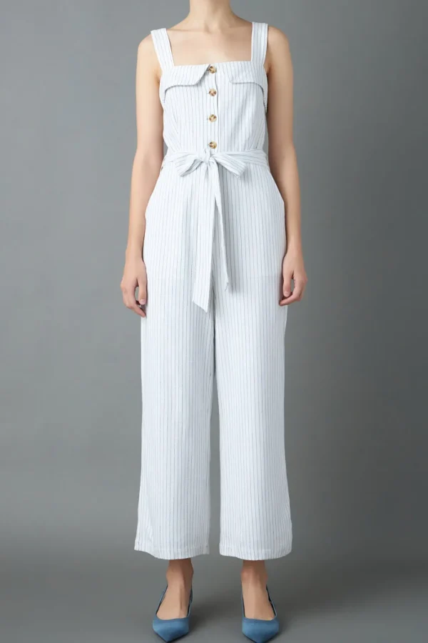 ENGLISH FACTORY Tops | One Pieces*- Striped Linen Jumpsuit with Wooden Buttons WHITE