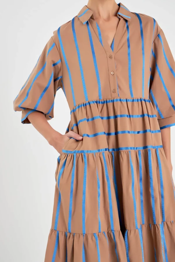 ENGLISH FACTORY Tops*- Striped Collared Midi Dress BROWNMULTI