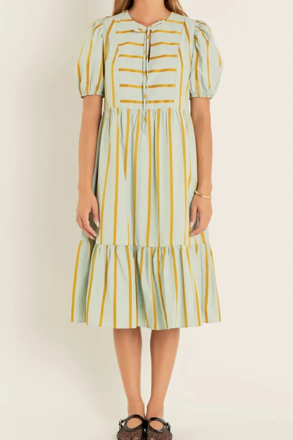 ENGLISH FACTORY Tops*- Striped Blouson Maxi Dress SAGEMULTI