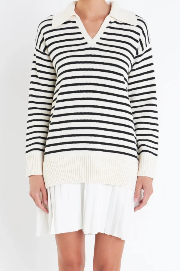 ENGLISH FACTORY Tops*- Striped Mixed Media Pleated