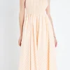 ENGLISH FACTORY Tops*- Striped Smocked Midi Dress WHITE/CORAL