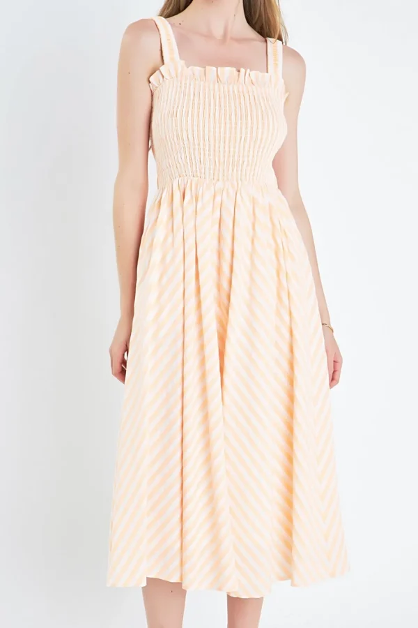 ENGLISH FACTORY Tops*- Striped Smocked Midi Dress WHITE/CORAL
