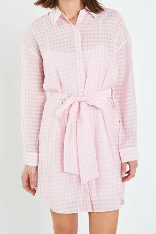 ENGLISH FACTORY Tops*- Striped Belted Tunic Shirt Dress PINK