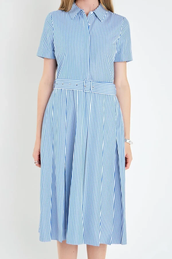 ENGLISH FACTORY Tops*- Striped Belted Midi Dress BLUE