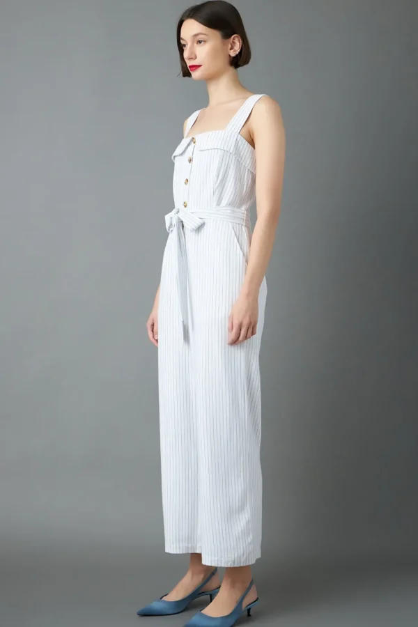 ENGLISH FACTORY Tops | One Pieces*- Striped Linen Jumpsuit with Wooden Buttons WHITE