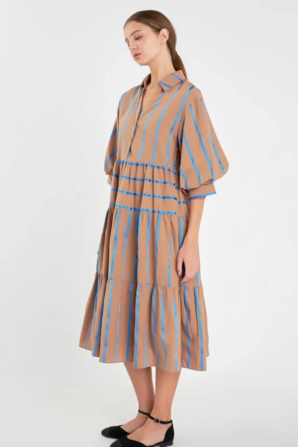 ENGLISH FACTORY Tops*- Striped Collared Midi Dress BROWNMULTI