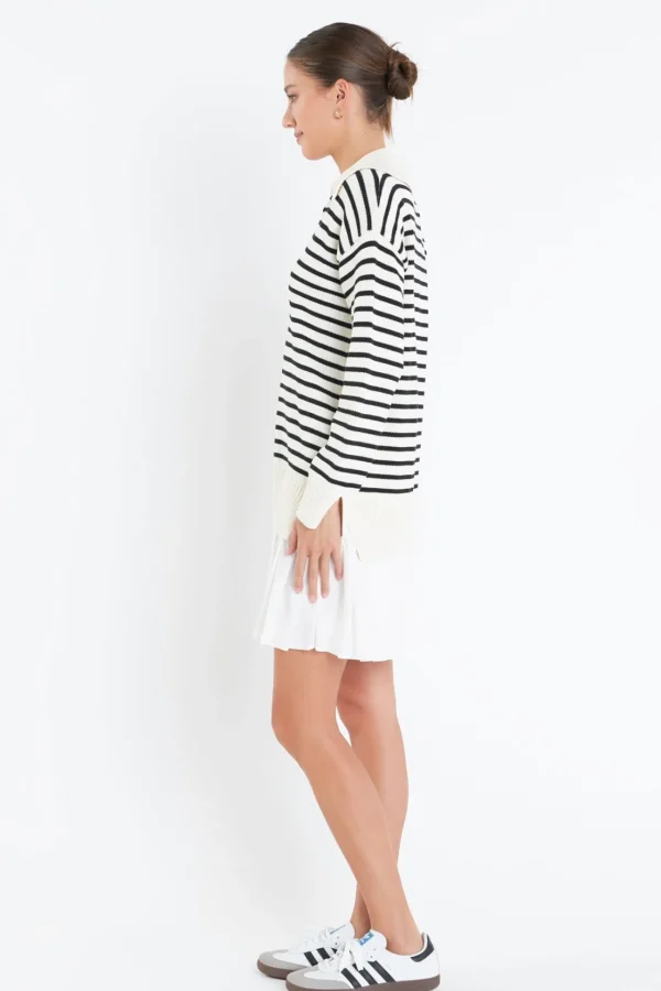 ENGLISH FACTORY Tops*- Striped Mixed Media Pleated