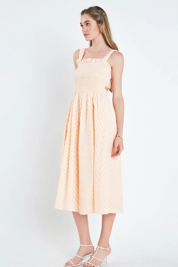 ENGLISH FACTORY Tops*- Striped Smocked Midi Dress WHITE/CORAL