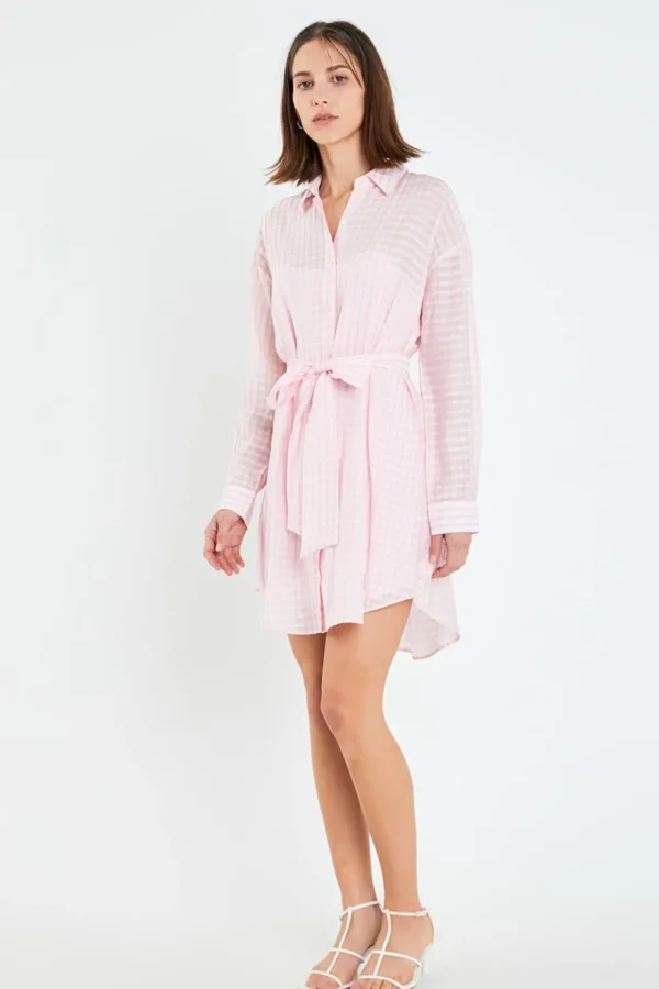 ENGLISH FACTORY Tops*- Striped Belted Tunic Shirt Dress PINK