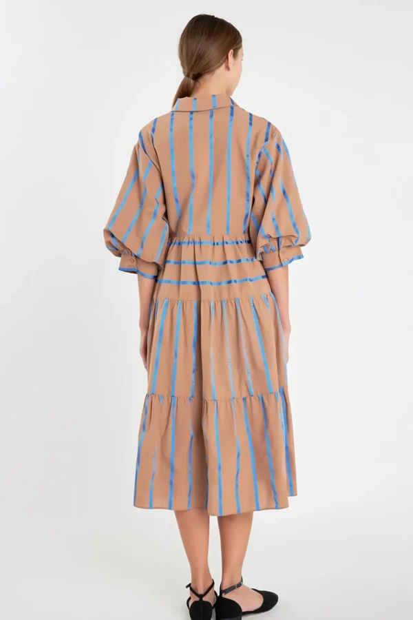 ENGLISH FACTORY Tops*- Striped Collared Midi Dress BROWNMULTI