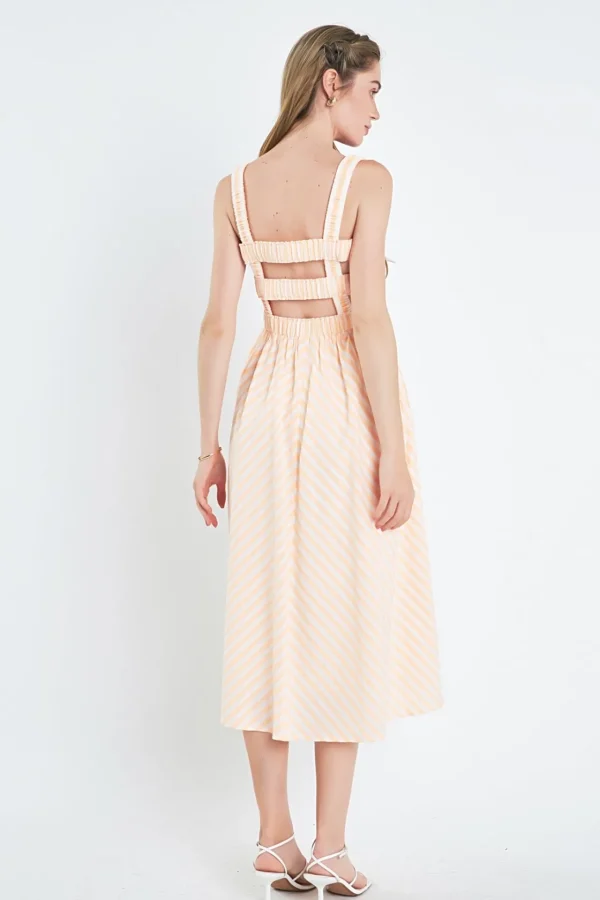 ENGLISH FACTORY Tops*- Striped Smocked Midi Dress WHITE/CORAL