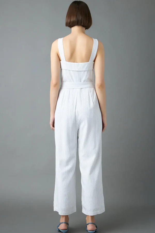 ENGLISH FACTORY Tops | One Pieces*- Striped Linen Jumpsuit with Wooden Buttons WHITE