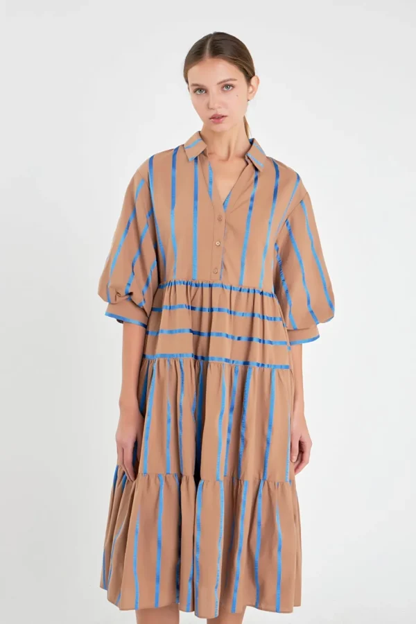 ENGLISH FACTORY Tops*- Striped Collared Midi Dress BROWNMULTI