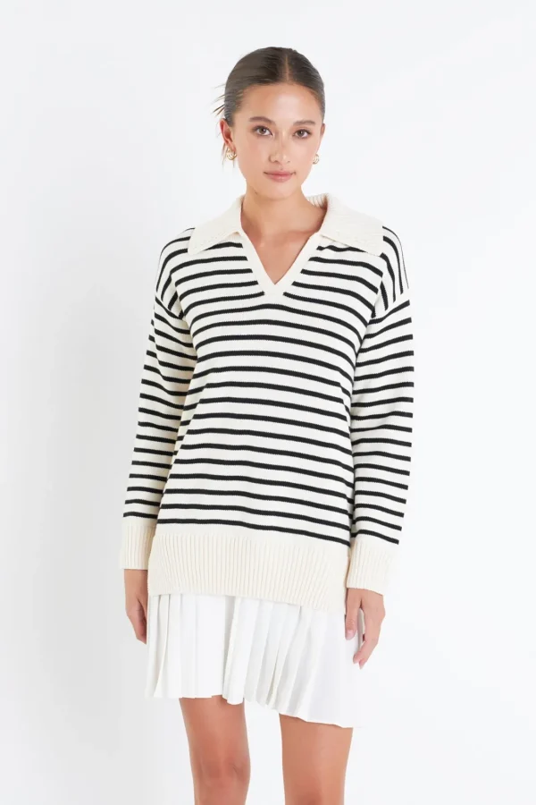 ENGLISH FACTORY Tops*- Striped Mixed Media Pleated