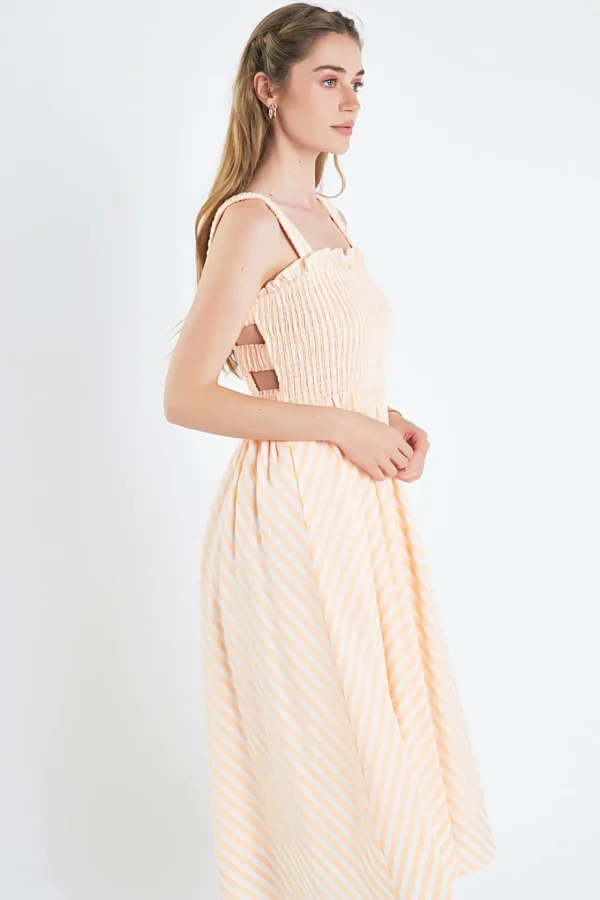 ENGLISH FACTORY Tops*- Striped Smocked Midi Dress WHITE/CORAL