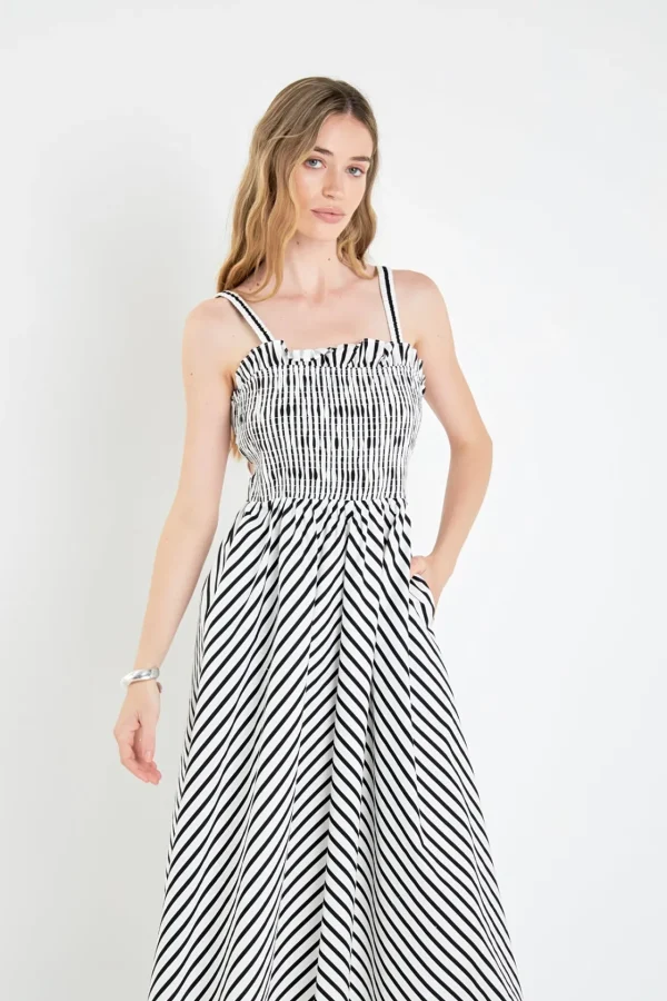 ENGLISH FACTORY Tops*- Striped Smocked Dress WHITE/BLACK