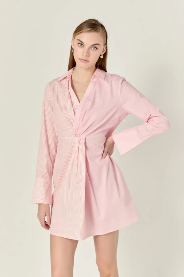 ENGLISH FACTORY Tops*- Striped Combo Twist Front Shirt Dress WHITE/PINK