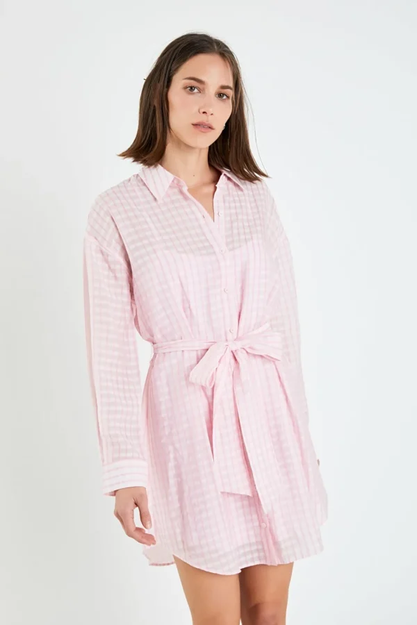 ENGLISH FACTORY Tops*- Striped Belted Tunic Shirt Dress PINK