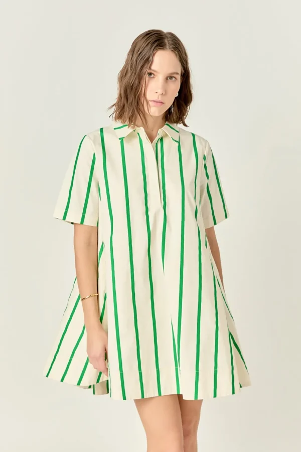 ENGLISH FACTORY Tops*- Striped Kaftan Mini Dress GREENMULTI