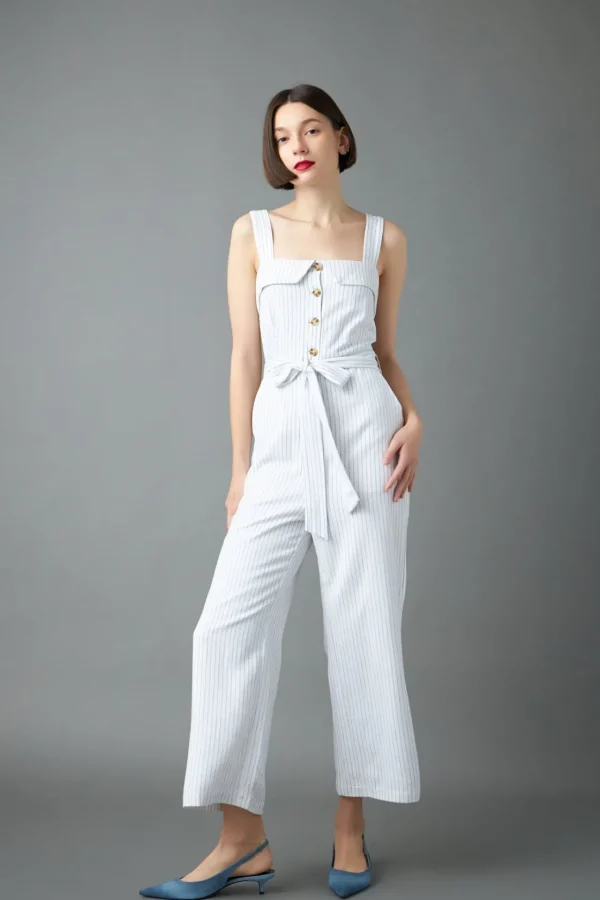 ENGLISH FACTORY Tops | One Pieces*- Striped Linen Jumpsuit with Wooden Buttons WHITE