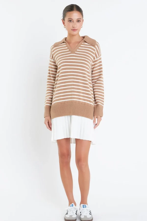 ENGLISH FACTORY Tops*- Striped Mixed Media Pleated