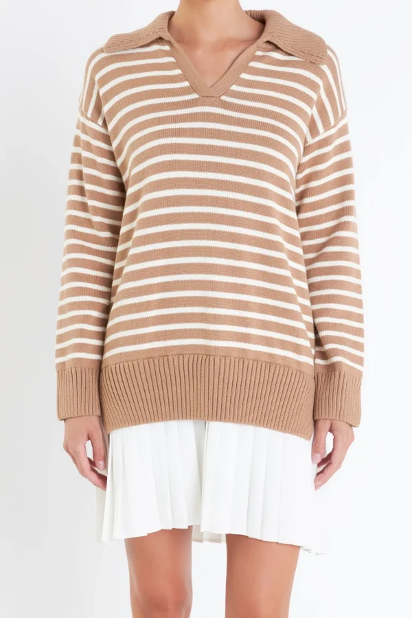 ENGLISH FACTORY Tops*- Striped Mixed Media Pleated
