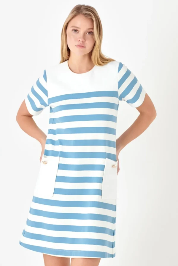 ENGLISH FACTORY Tops*- Striped Dress with Patch Pockets
