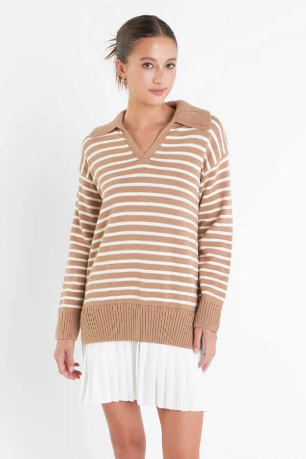 ENGLISH FACTORY Tops*- Striped Mixed Media Pleated